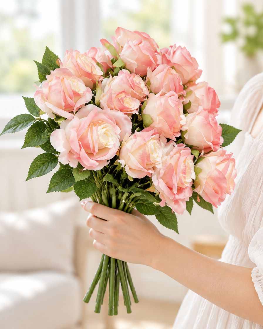 Soft Pink Artificial Rose Bouquet with Stems held in a hand