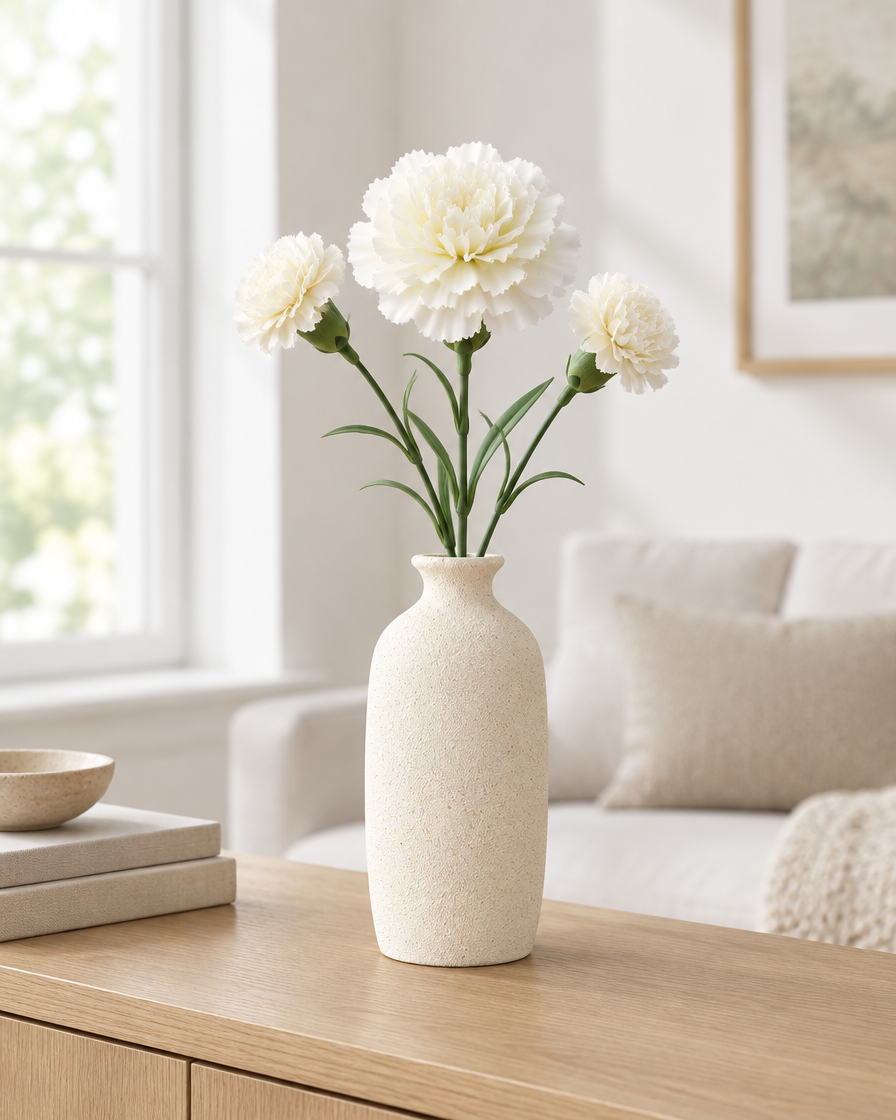 White Artificial Carnation Stems styled in a ceramic vase on a console table (vase sold separately)
