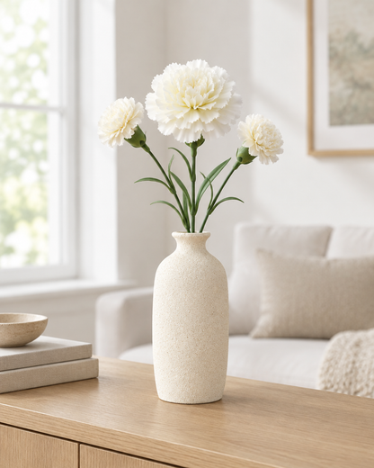 White Artificial Carnation Stems styled in a ceramic vase on a console table (vase sold separately)