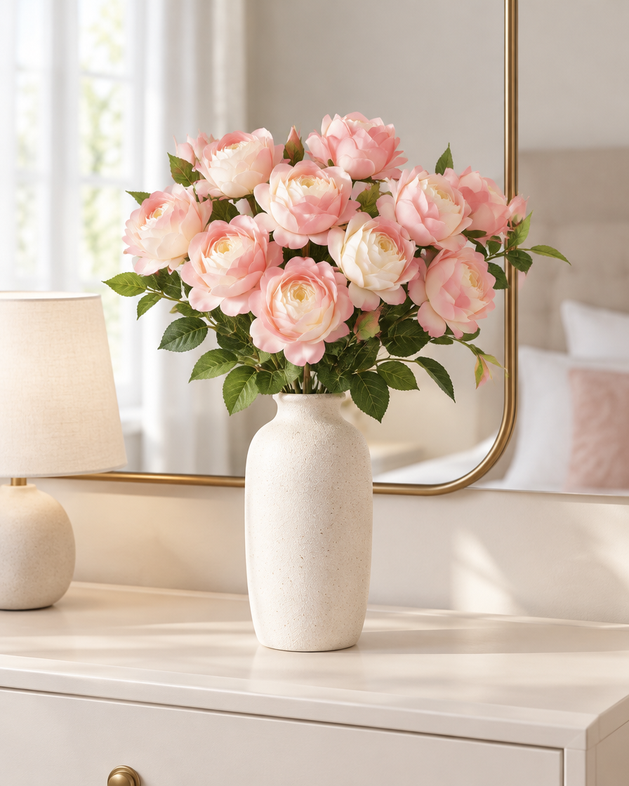 Soft Pink Artificial Rose Bouquet with Stems styled in a ceramic vase on a dresser (vase sold separately)