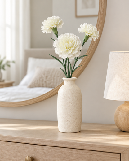 White Artificial Carnation Stems styled in a ceramic vase on a dresser (vase sold separately)