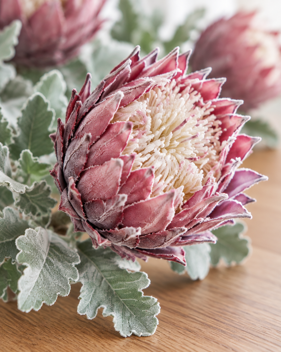 Close-up detail of the dusty pink artificial protea stems on an oak table