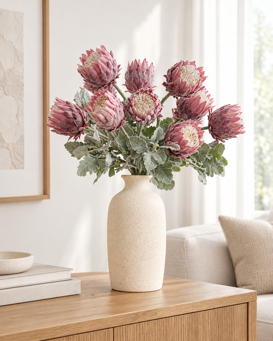 Dusty Pink Artificial Protea Stems styled in a ceramic vase on a console table (vase sold separately)