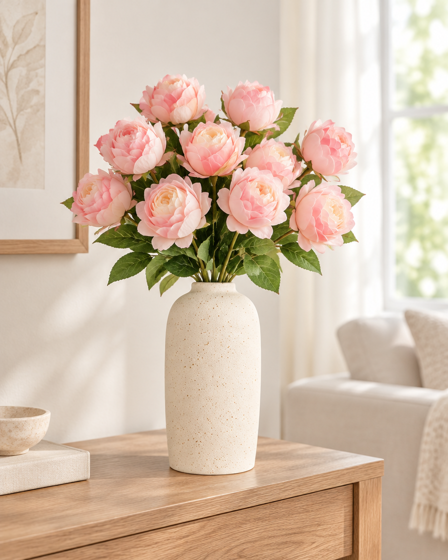 Soft Pink Artificial Rose Bouquet with Stems styled in a ceramic vase on a console table (vase sold separately)