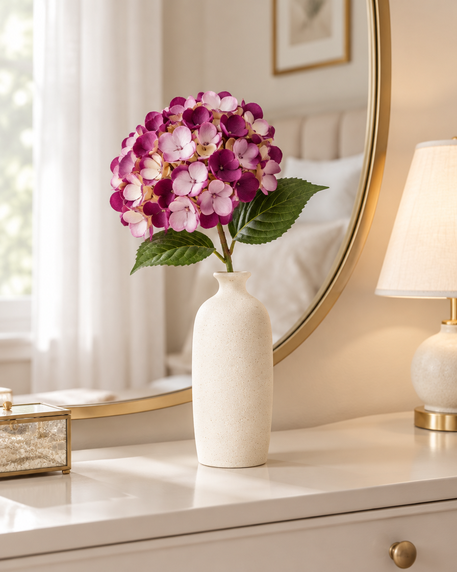 Plum Purple Artificial Hydrangea Stem styled in a ceramic vase on a dresser (vase sold separately)