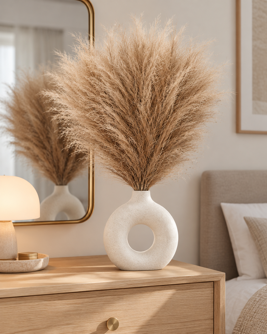 Light Brown Artificial Pampas Grass Stems styled in a ceramic vase on a dresser (vase sold separately)