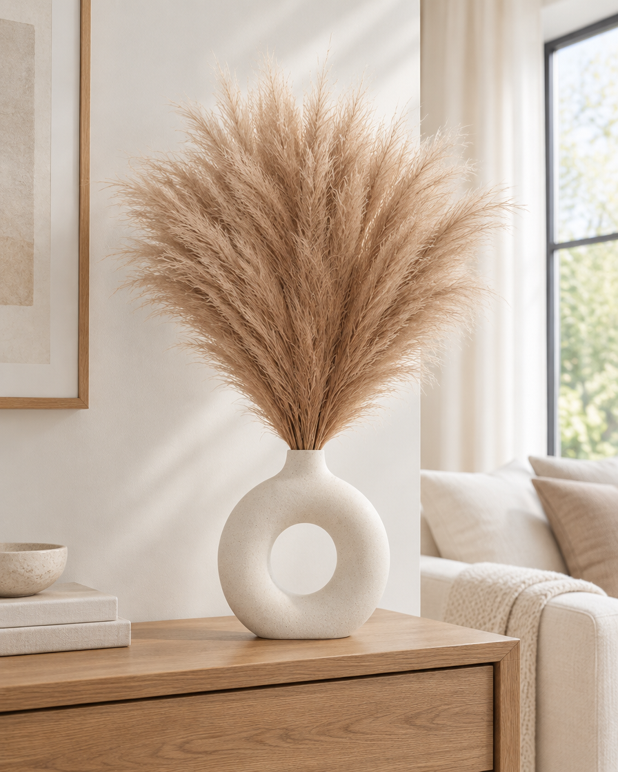 Light Brown Artificial Pampas Grass Stems styled in a ceramic vase on a console table (vase sold separately)