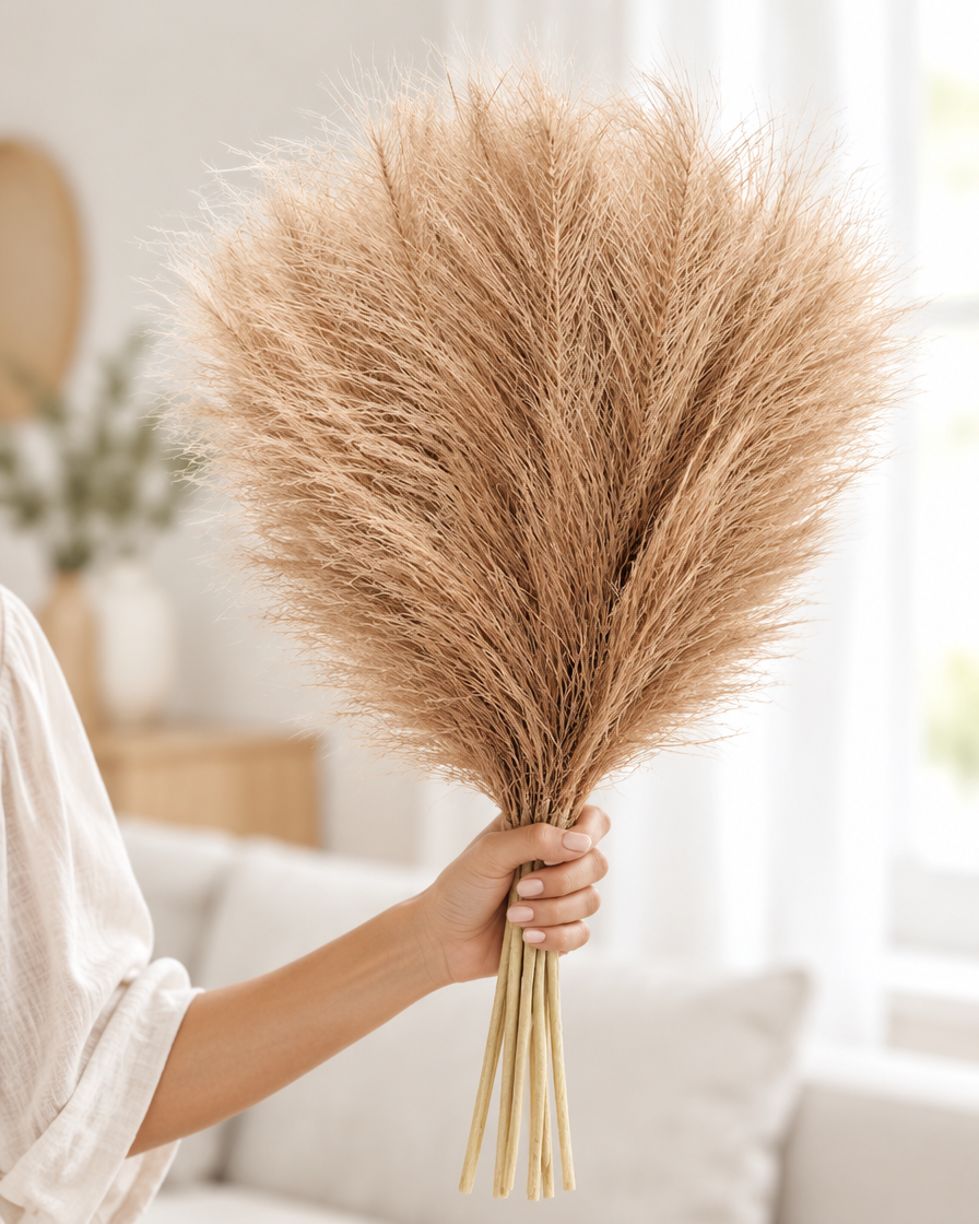 Light Brown Artificial Pampas Grass Stems held in a hand