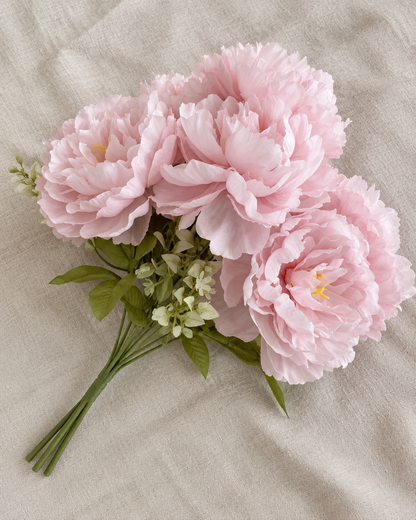 Soft Pink Ruffled Artificial Peony Bouquet, shown alone on a linen background