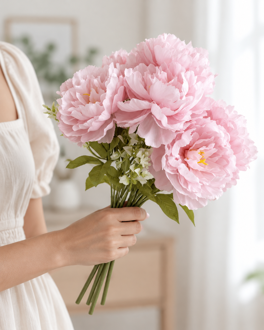 Soft Pink Ruffled Artificial Peony Bouquet held in a hand