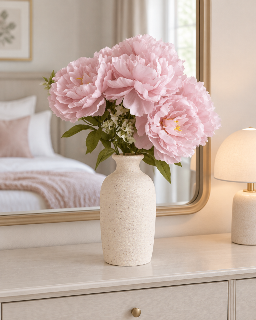 Soft Pink Ruffled Artificial Peony Bouquet styled in a ceramic vase on a dresser (vase sold separately)