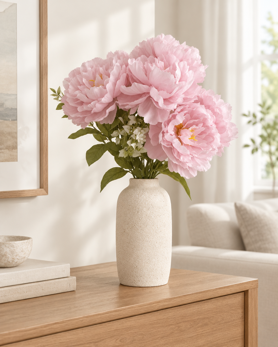 Soft Pink Ruffled Artificial Peony Bouquet styled in a ceramic vase on a console table (vase sold separately)