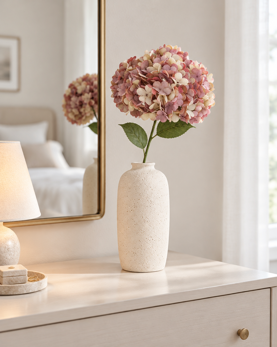 Dusty Pink Artificial Hydrangea Stem styled in a ceramic vase on a dresser (vase sold separately)