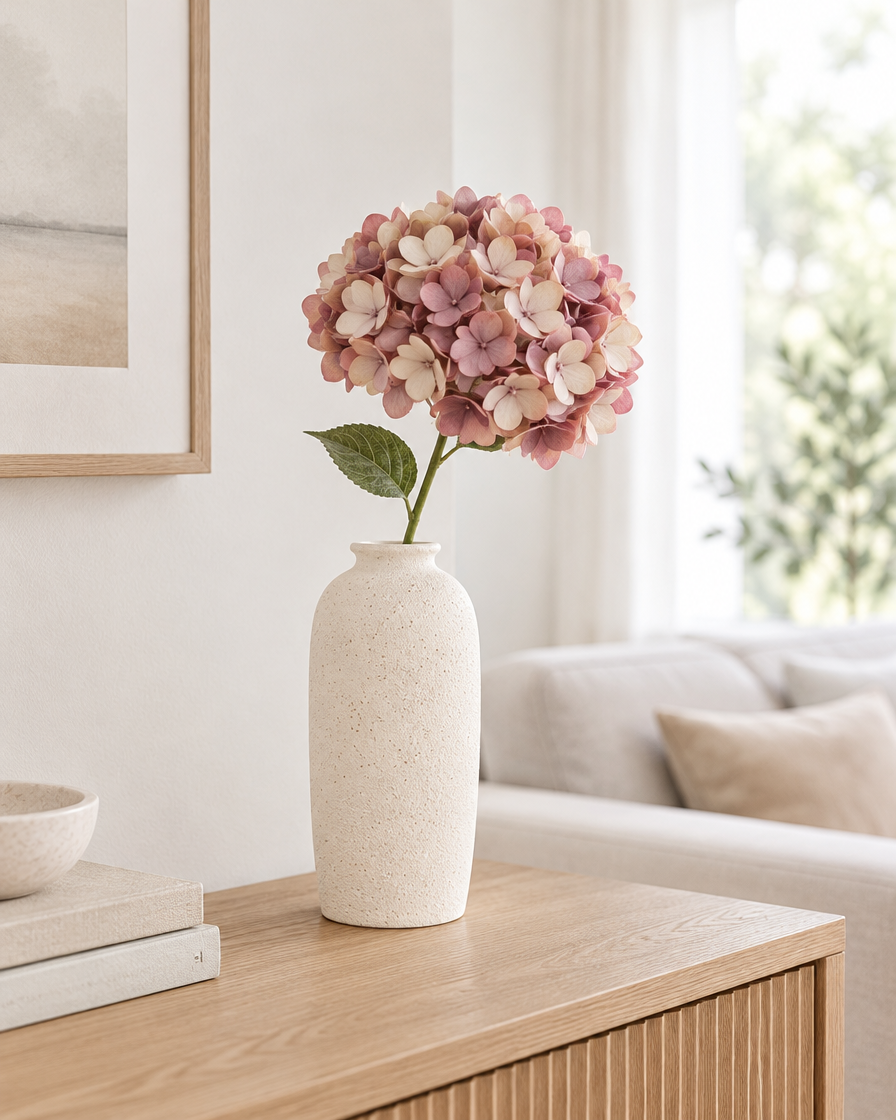 Dusty Pink Artificial Hydrangea Stem styled in a ceramic vase on a console table (vase sold separately)