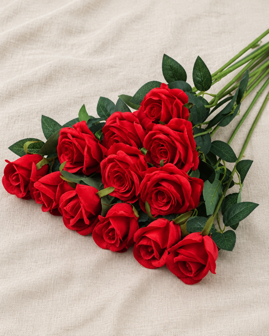 Red Artificial Long-Stem Rose Bunch, shown alone on a linen background