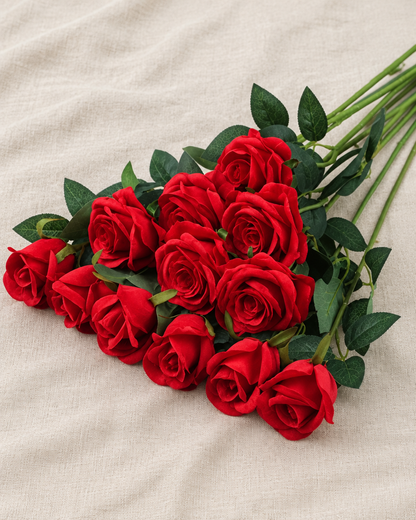 Red Artificial Long-Stem Rose Bunch, shown alone on a linen background
