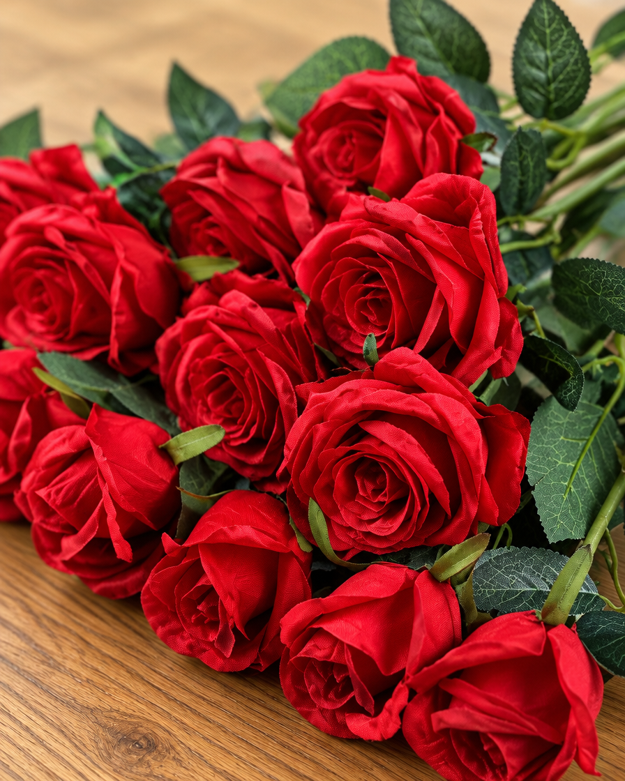 Close-up detail of the red artificial long-stem rose bunch on an oak table