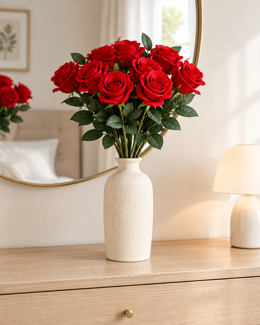 Red Artificial Long-Stem Rose Bunch styled in a ceramic vase on a dresser (vase sold separately)