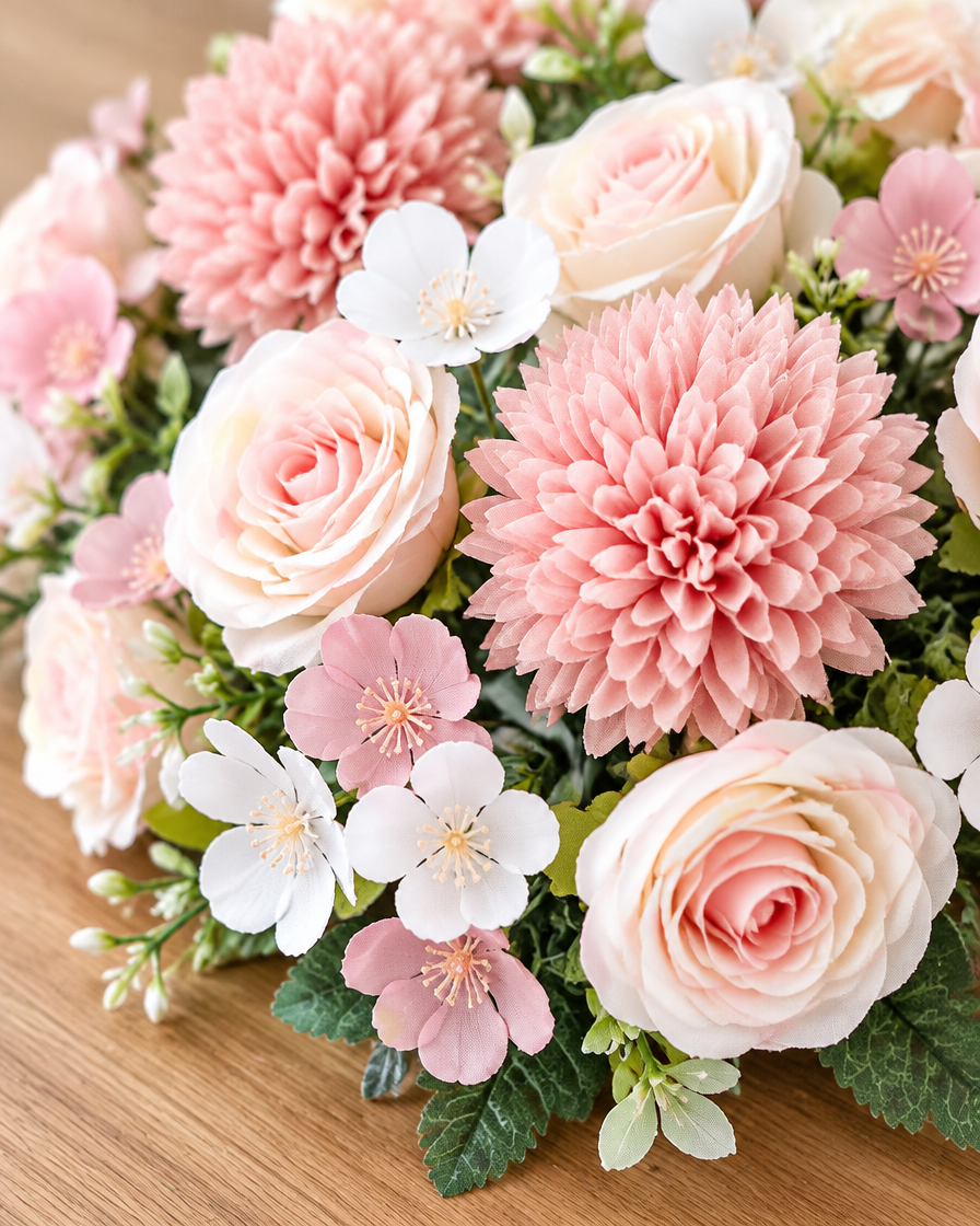 Close-up detail of the blush pink artificial rose and chrysanthemum bouquet on an oak table