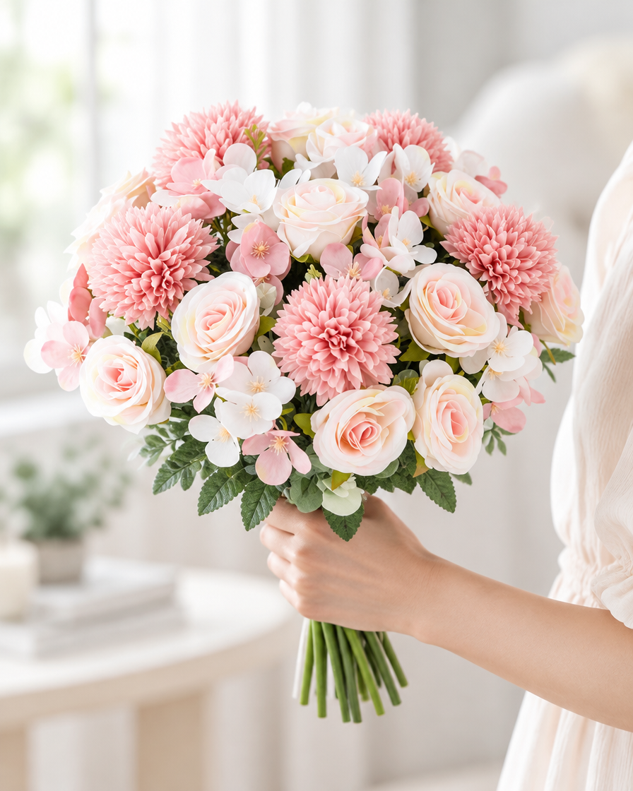 Blush Pink Artificial Rose and Chrysanthemum Bouquet held in a hand