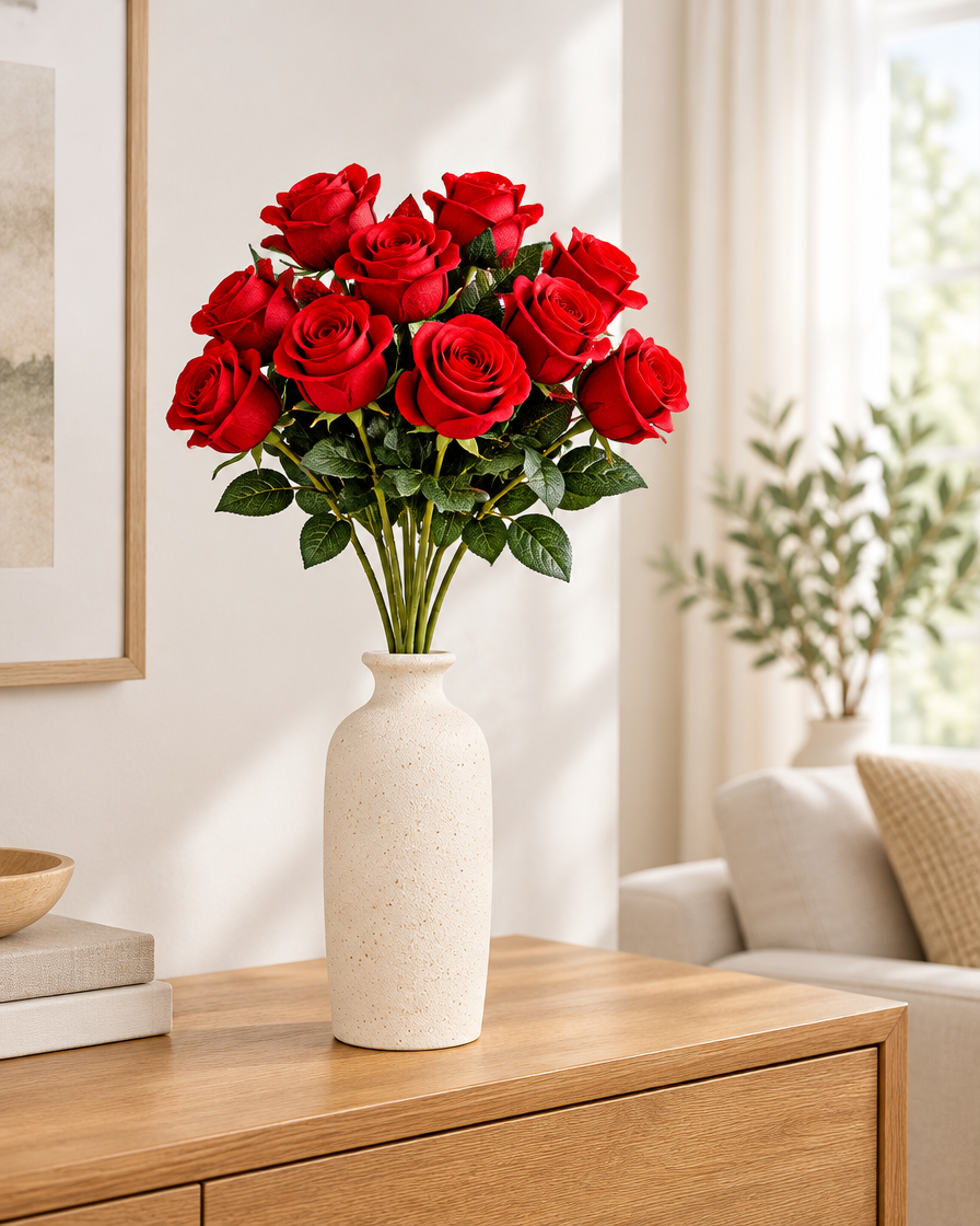 Red Artificial Long-Stem Rose Bunch styled in a ceramic vase on a console table (vase sold separately)
