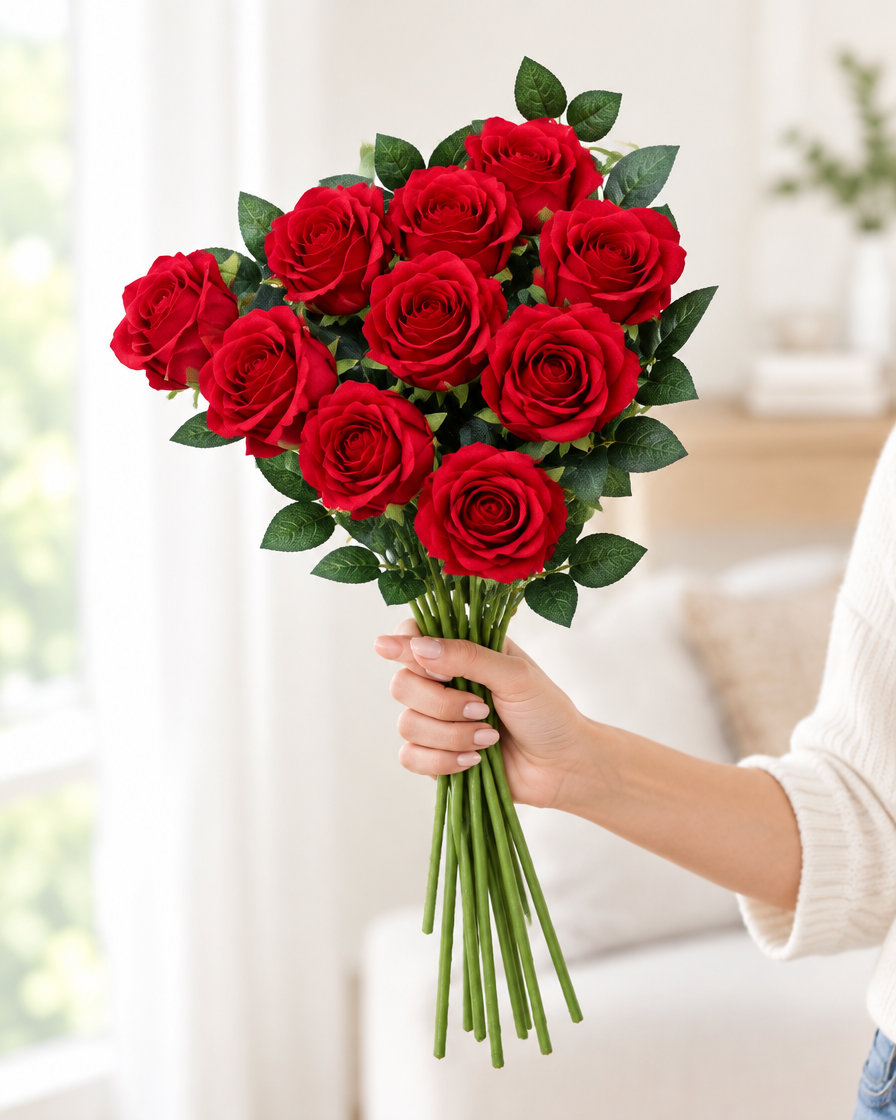Red Artificial Long-Stem Rose Bunch held in a hand