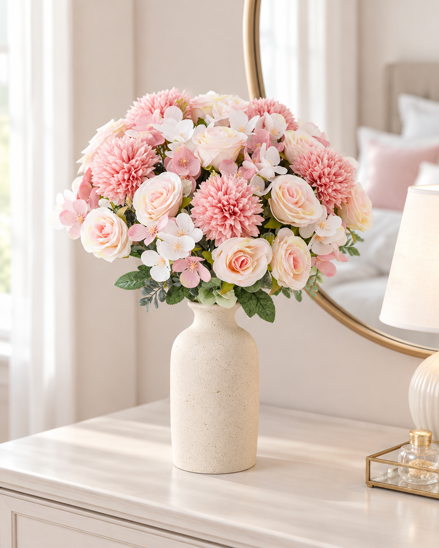 Blush Pink Artificial Rose and Chrysanthemum Bouquet styled in a ceramic vase on a dresser (vase sold separately)
