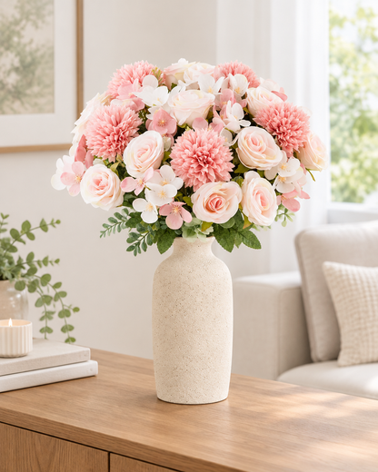 Blush Pink Artificial Rose and Chrysanthemum Bouquet styled in a ceramic vase on a console table (vase sold separately)