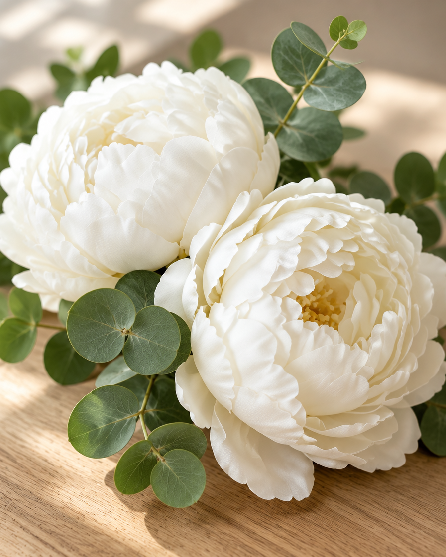 Close-up detail of the white artificial peony & eucalyptus set on an oak table