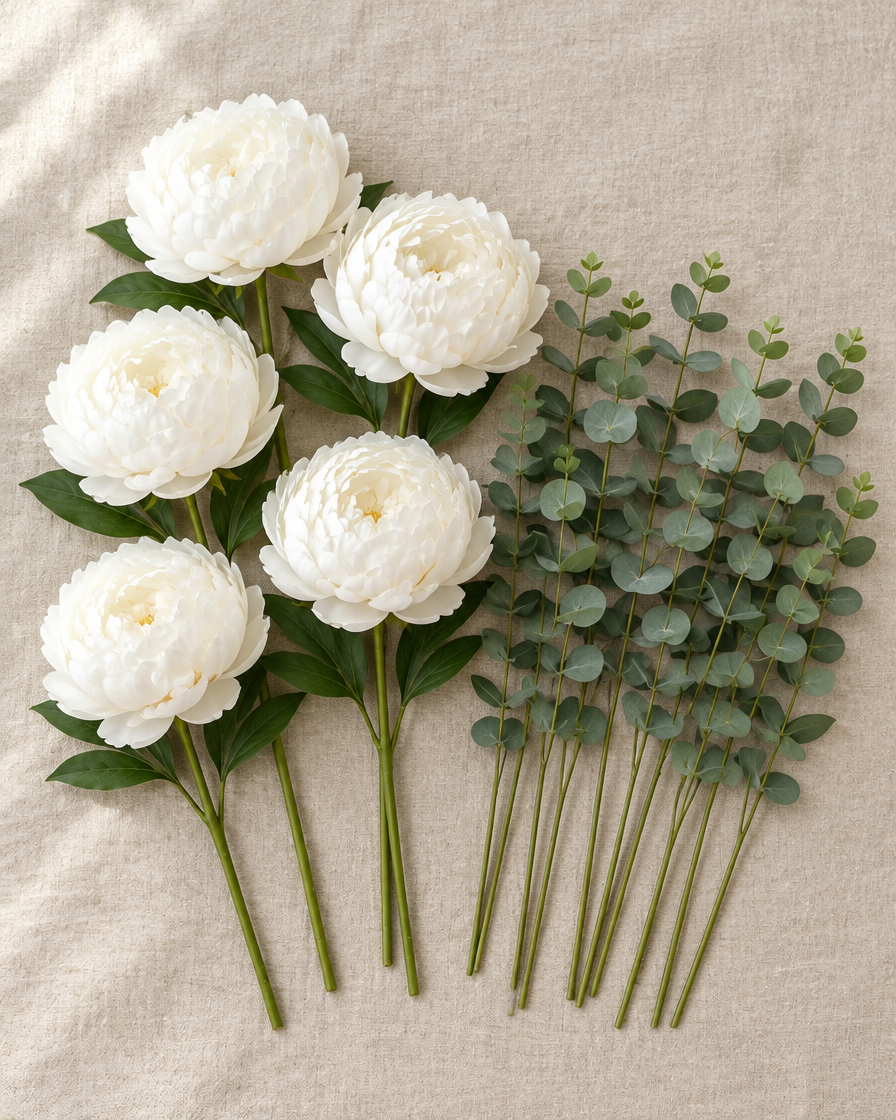 White Artificial Peony & Eucalyptus Set, shown alone on a linen background