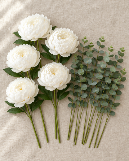 White Artificial Peony & Eucalyptus Set, shown alone on a linen background