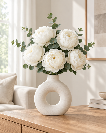 White Artificial Peony & Eucalyptus Set styled in a ceramic vase on a console table (vase sold separately)