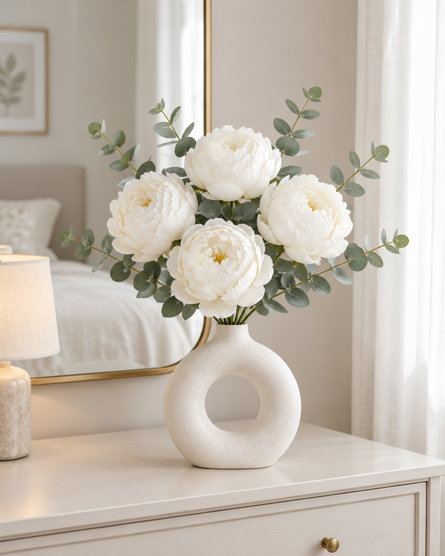 White Artificial Peony & Eucalyptus Set styled in a ceramic vase on a dresser (vase sold separately)