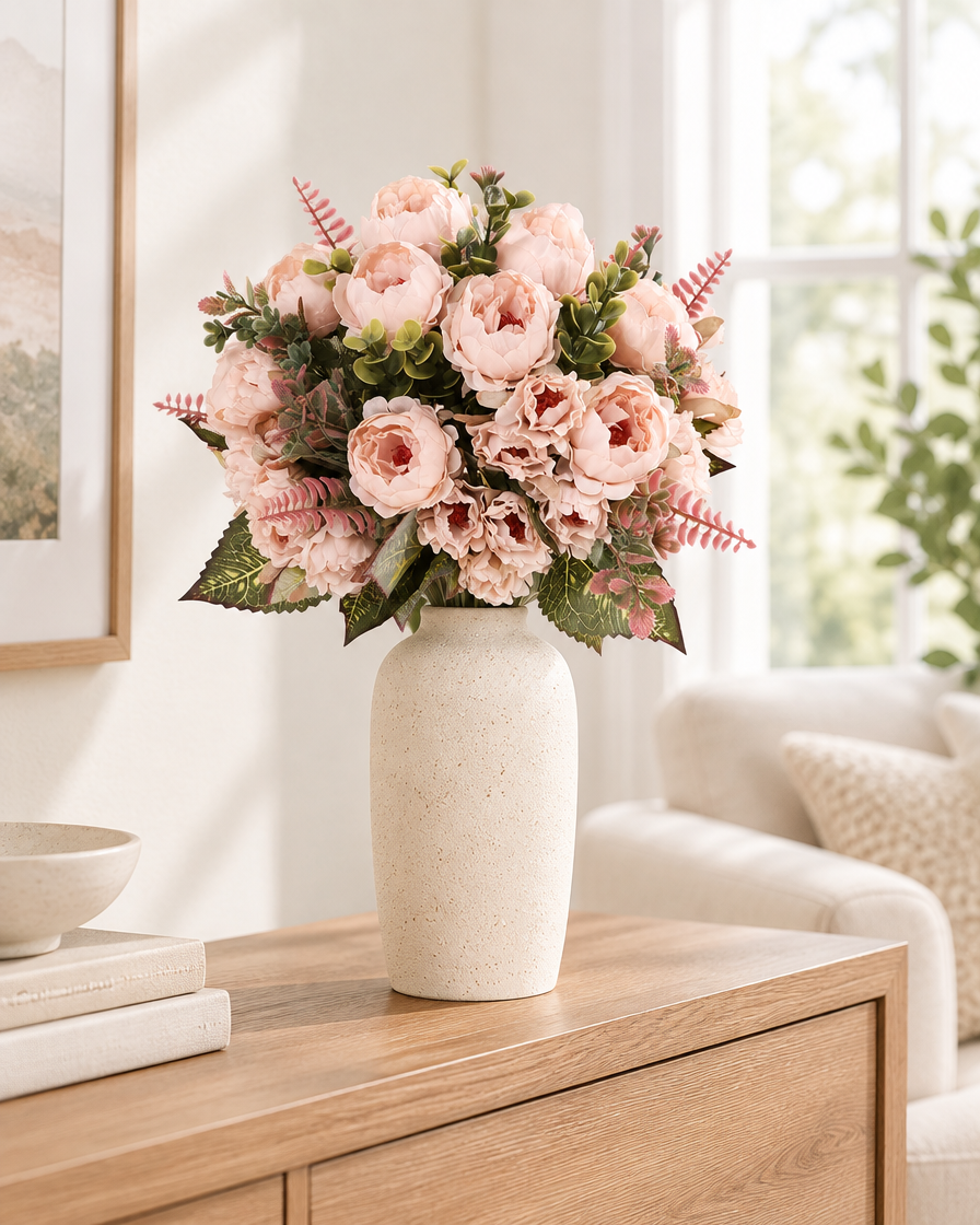 Blush Pink Artificial Peony Bouquet styled in a ceramic vase on a console table (vase sold separately)