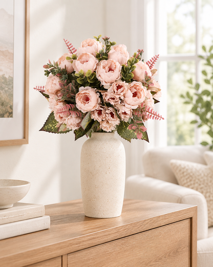 Blush Pink Artificial Peony Bouquet styled in a ceramic vase on a console table (vase sold separately)