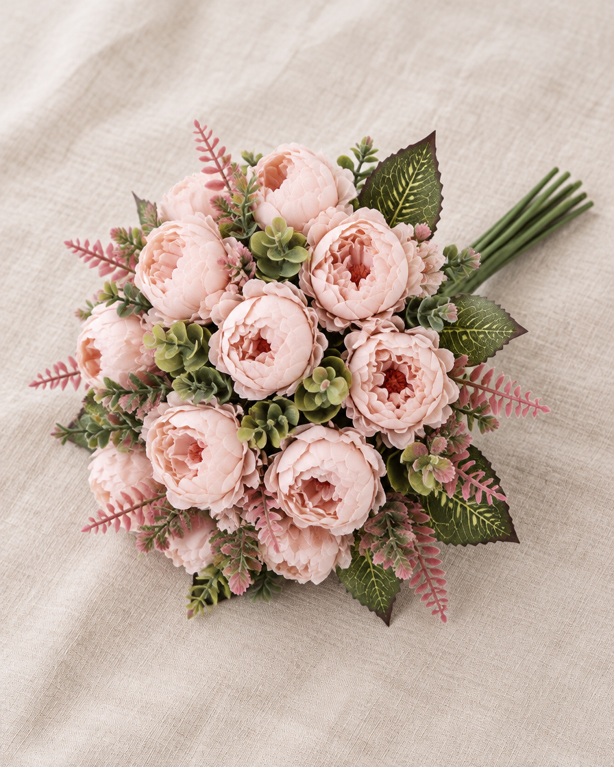 Blush Pink Artificial Peony Bouquet, shown alone on a linen background