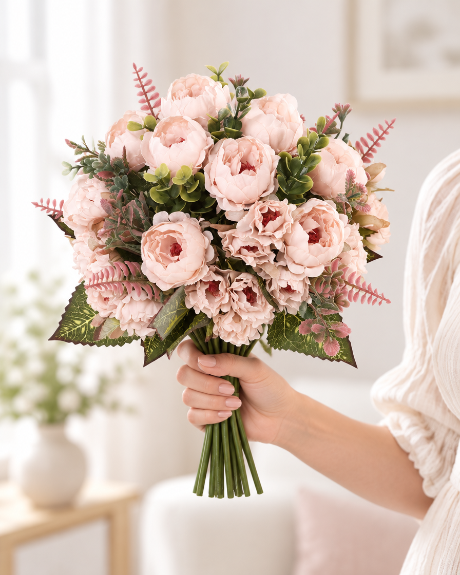 Blush Pink Artificial Peony Bouquet held in a hand