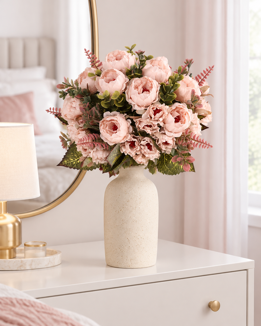 Blush Pink Artificial Peony Bouquet styled in a ceramic vase on a dresser (vase sold separately)