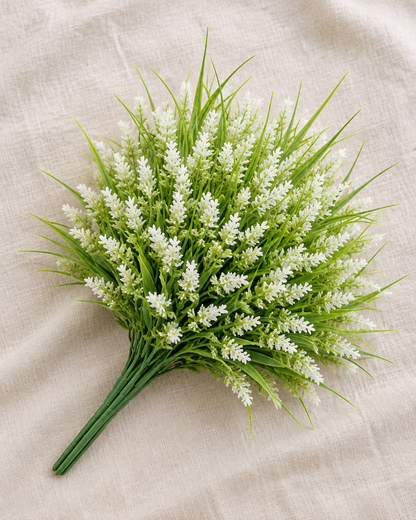 White Artificial Lavender and Grass Bunch, shown alone on a linen background
