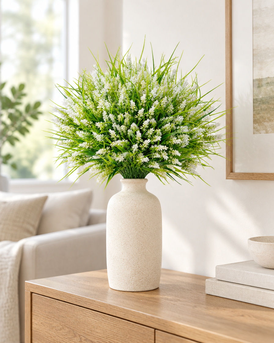 White Artificial Lavender and Grass Bunch styled in a ceramic vase on a console table (vase sold separately)