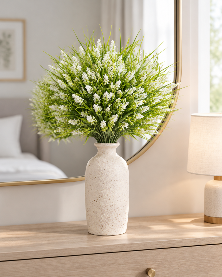 White Artificial Lavender and Grass Bunch styled in a ceramic vase on a dresser (vase sold separately)
