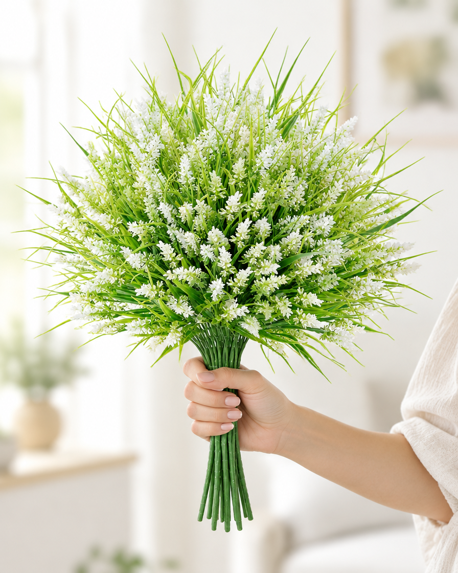 White Artificial Lavender and Grass Bunch held in a hand