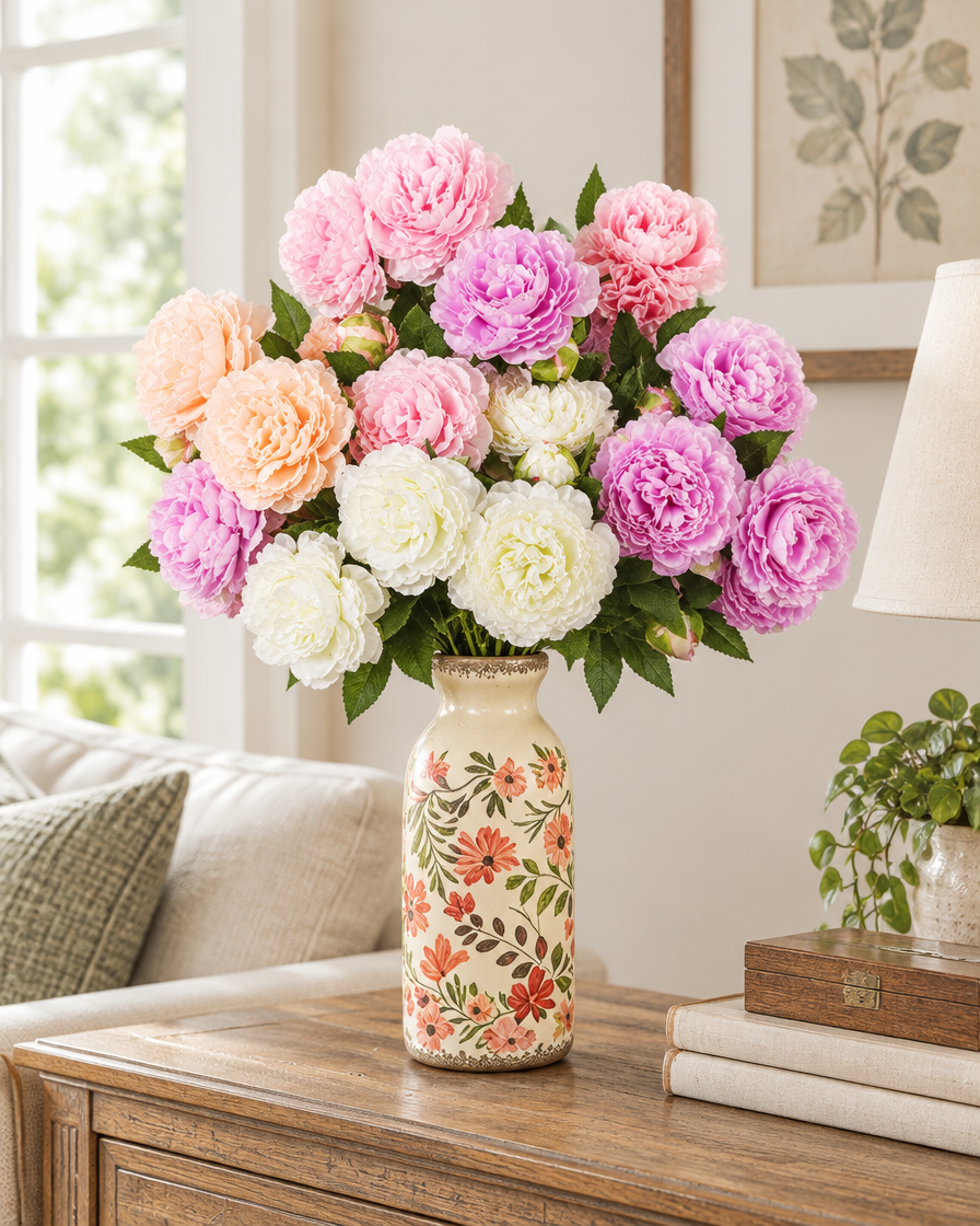 Mixed Colour Artificial Peony Bouquet styled in a ceramic vase on a console table (vase sold separately)