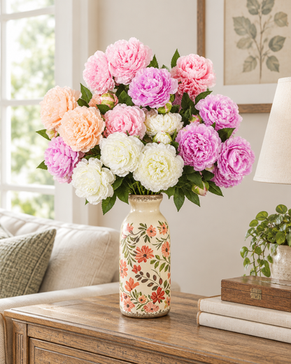 Mixed Colour Artificial Peony Bouquet styled in a ceramic vase on a console table (vase sold separately)