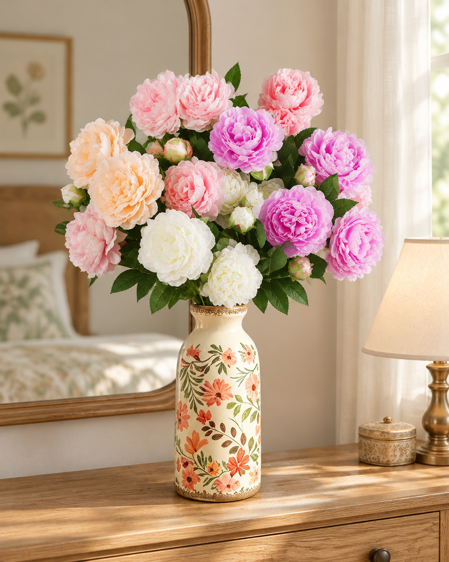 Mixed Colour Artificial Peony Bouquet styled in a ceramic vase on a dresser (vase sold separately)