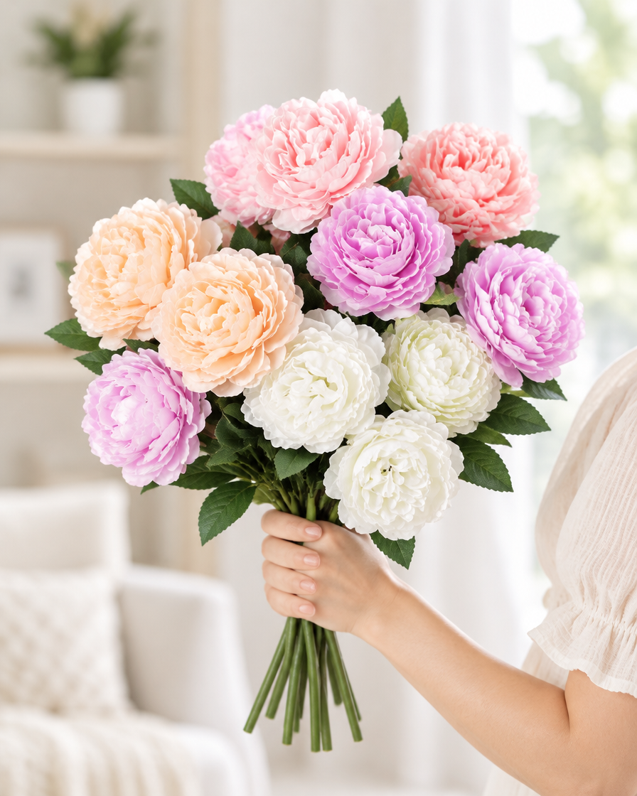 Mixed Colour Artificial Peony Bouquet held in a hand