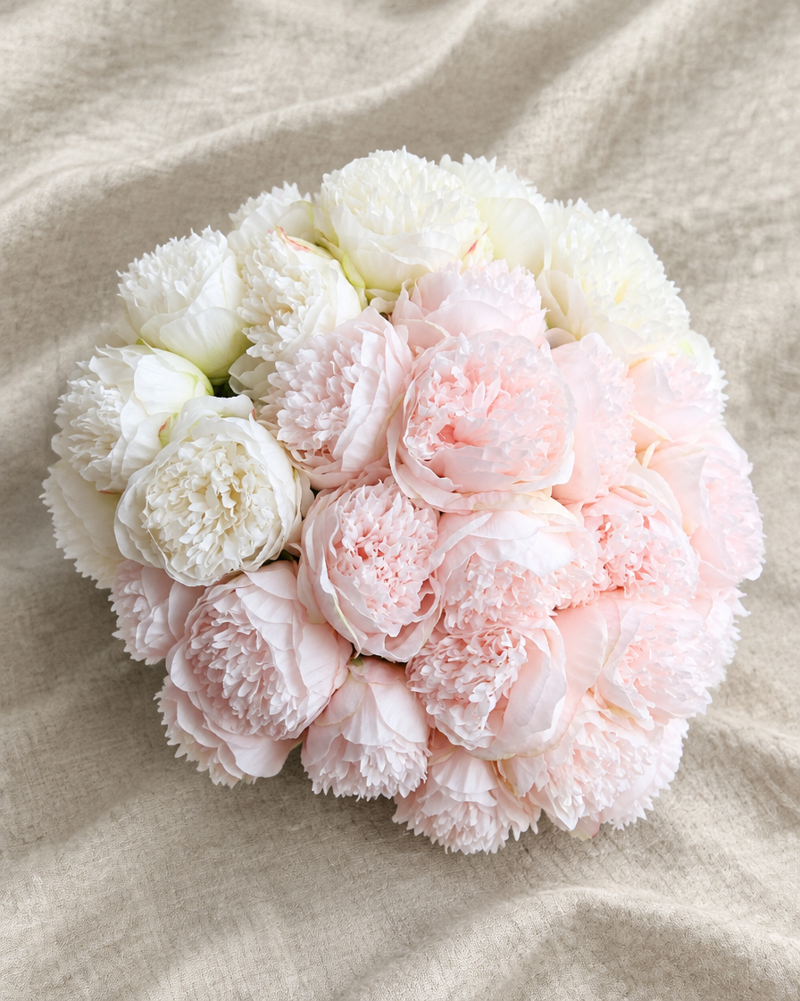 Blush Pink and White Artificial Peony Bouquet, shown alone on a linen background