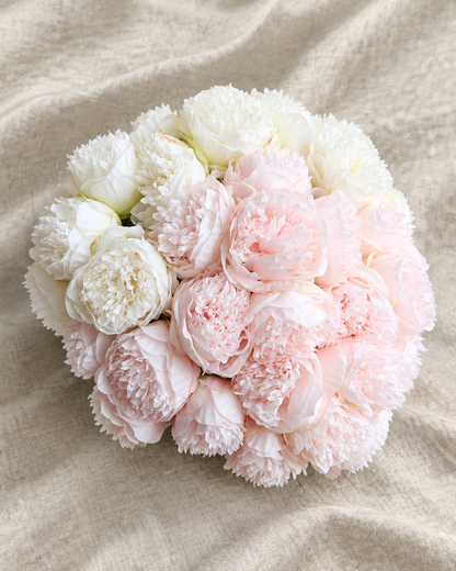 Blush Pink and White Artificial Peony Bouquet, shown alone on a linen background