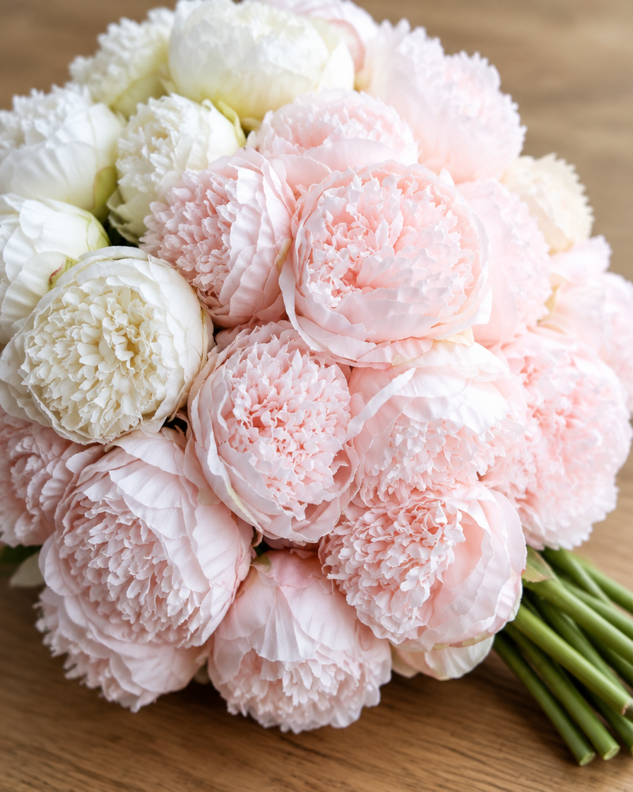 Close-up detail of the blush pink and white artificial peony bouquet on an oak table
