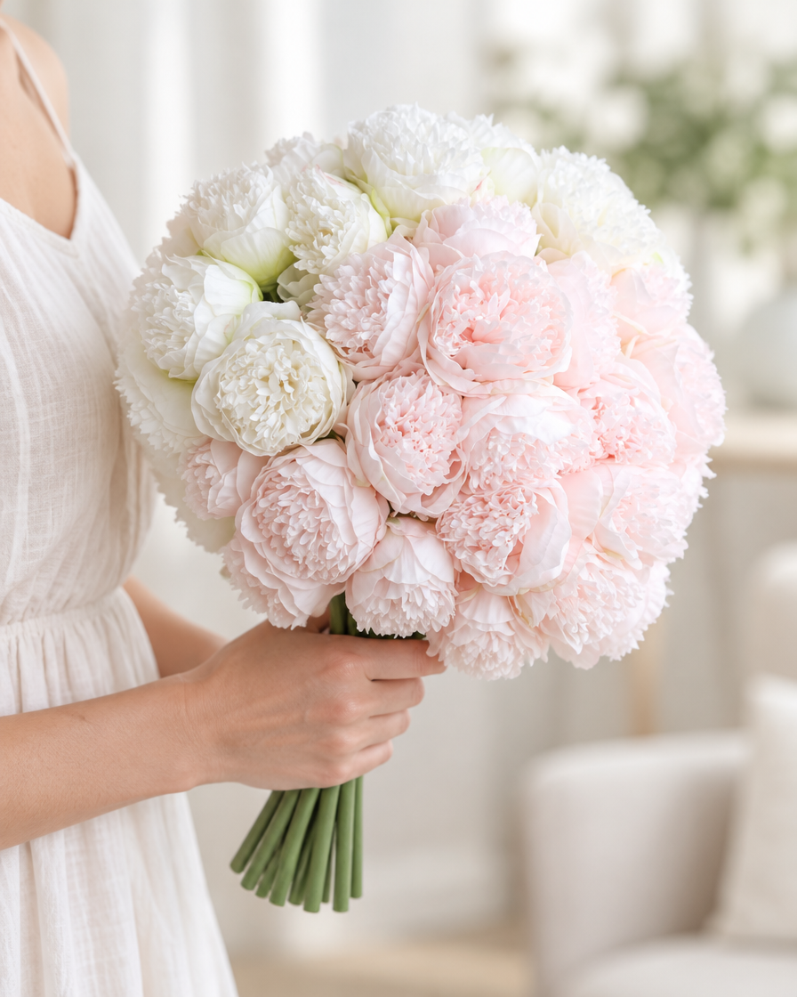 Blush Pink and White Artificial Peony Bouquet held in a hand